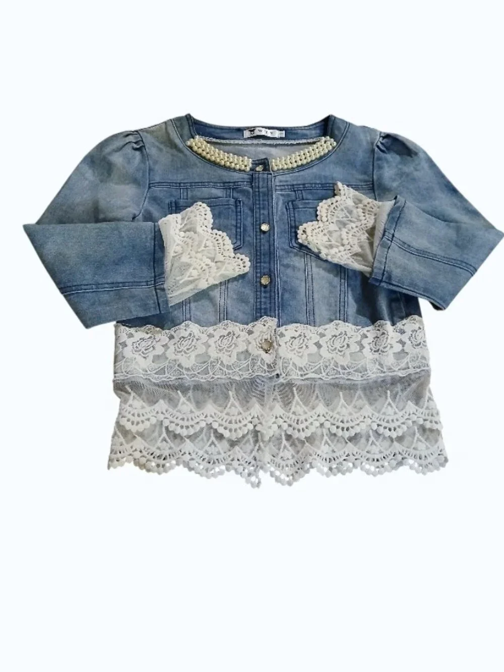 WTY Blue Jean Jacket with Faux Pearls and Lace/Crochet Cuffs & Hem - EUC - Picture 8 of 12